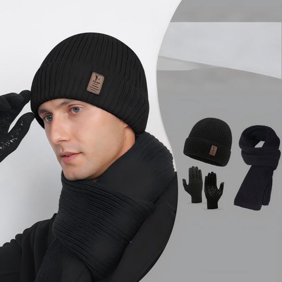 Kunyeah Set van 3 uniseks wintermutsen, sjaals en handschoenen, warm, gebreide muts, tactiele handschoenen, lange sjaal voor dames en heren, rood, één maat