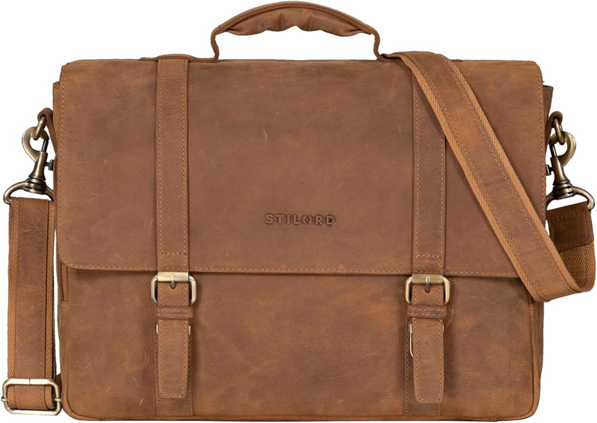 Grote Leren Business Bag voor 15.6 Inch Laptop - Vintage Schoudertas met Trolley Bevestiging