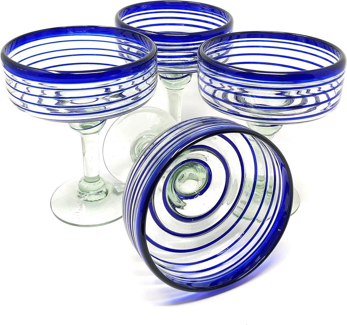 Set van 4 handgeblazen Margarita-glazen met blauw spiraalontwerp