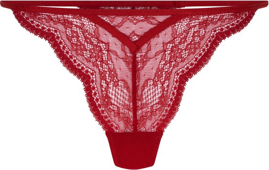 Rode kanten string met bloemenpatroon en gestrikte rand. De tailleband is glad en rood.