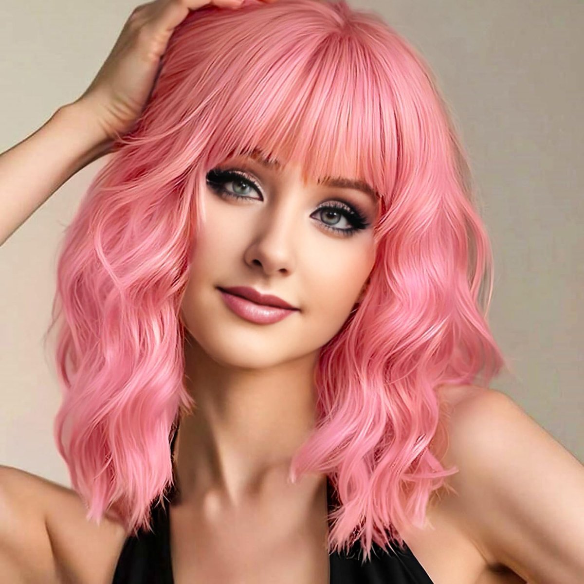 Daity 1 roze korte golvende bobpruik met pony, schouderlengte, synthetisch, voor vrouwen en meisjes. Gekleurde cosplaypruik, gemaakt van hittebestendige synthetische vezels, geschikt voor dagelijks gebruik en feestjes (roze).
