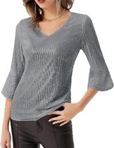 Dames V-hals pailletten blouse met lange mouwen en split