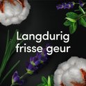 Katoen, lavendel en munt op een zwarte achtergrond met de tekst "Langdurig frisse geur".