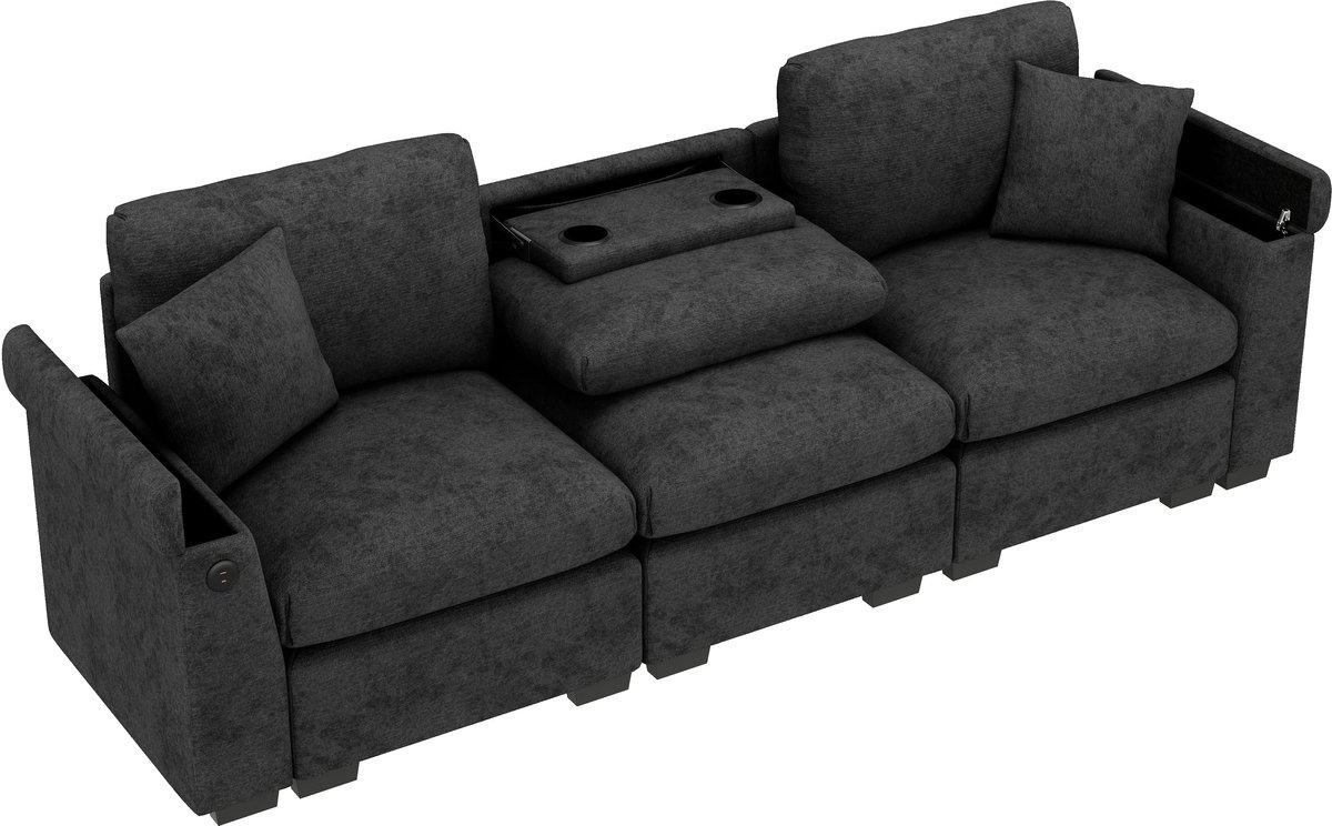 Merax Modern 3 Zits Bank - Chenille Stoffen Sofa - Inklapbare Tafel - USB Aansluiting - Bekerhouders - Opbergruimte - Grijs