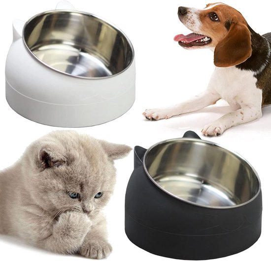 Katten Voerbak - 2 stuks - Met kattenkopjes vorm - Voerbakjes voor katten - Inhoud per voerbak 200 ml - Antislip voerbakjes katten - Verhoogde Voerbak - Kattenvoerstation - Voerbak Hond - RVS Kom - Bak katten - Hondenvoerbak - Verwijderbare Oprit