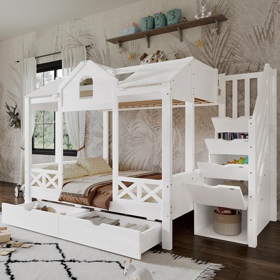 Stapelbed 90x200 Cm, Kinderbed Met Uitschuifbaar Bed, Hoge Leuning Stabiele Ladder Hout Grijs 205x95x160 Cm Stapelbed 90x200 Cm, Kinderbed Met Uitschuifbaar Bed, Hoge Leuning Stabiele Ladder Hout Grijs 205x95x160 Cm