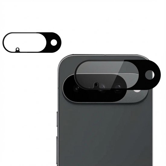 Glazen cameraprotector in het zwart, op de achterkant van een zwarte smartphone. Met een kleine uitsparing.