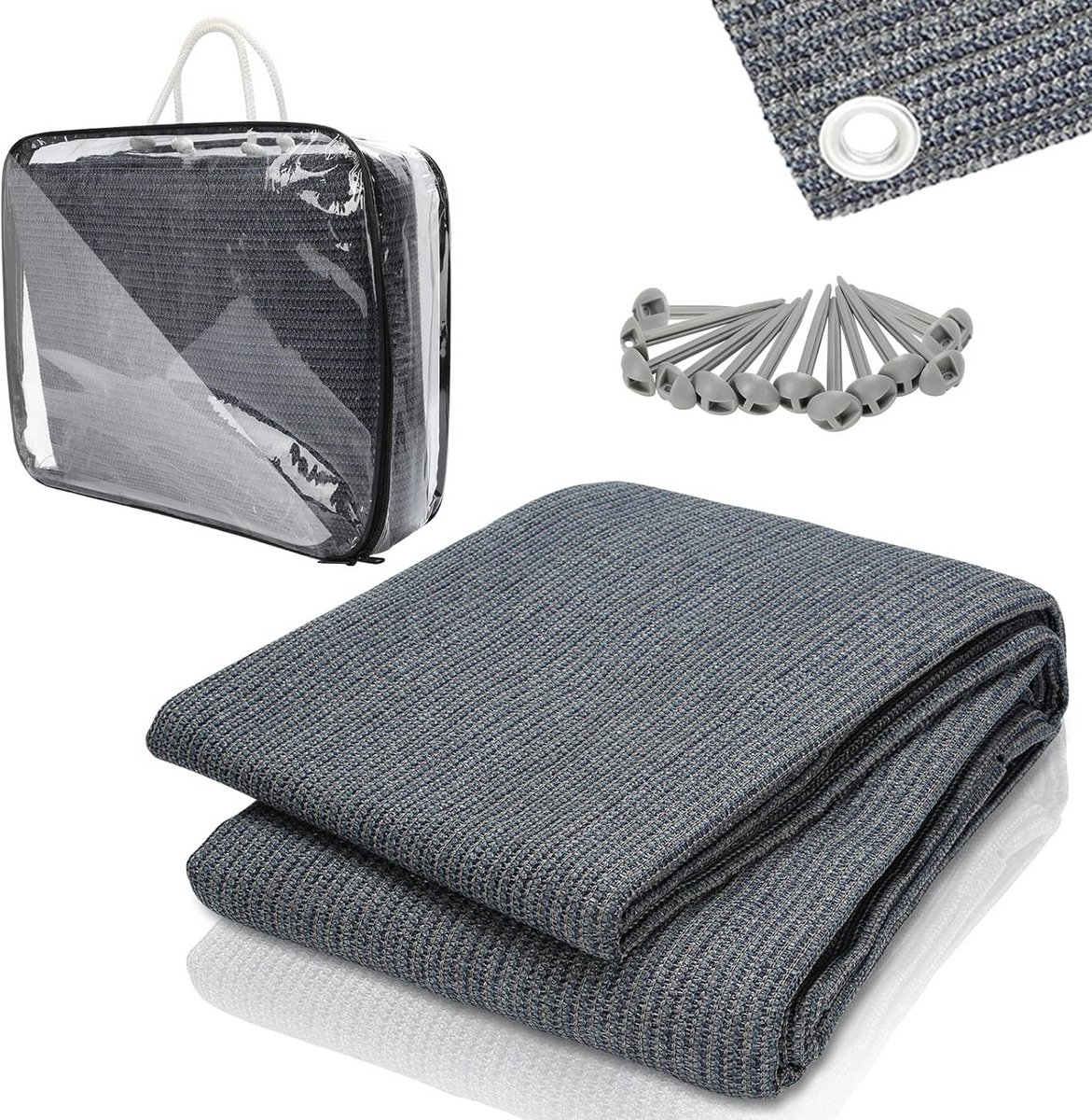 Voortenttapijt 250 x 300 cm - Waterdicht Tentzeil met Oogjes en Haringen - Outdoor Campingmat - Grijs/Blauw - Inclusief Draagtas