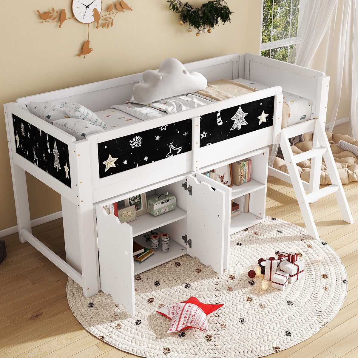 STILVORA Hoogslaper 90x200 cm – Kinderhoogslaper Met Opbergruimte – Dubbelt Deurs Kast & Krijtbord – Hout;MDF – Wit+Zwart Zonder Matras