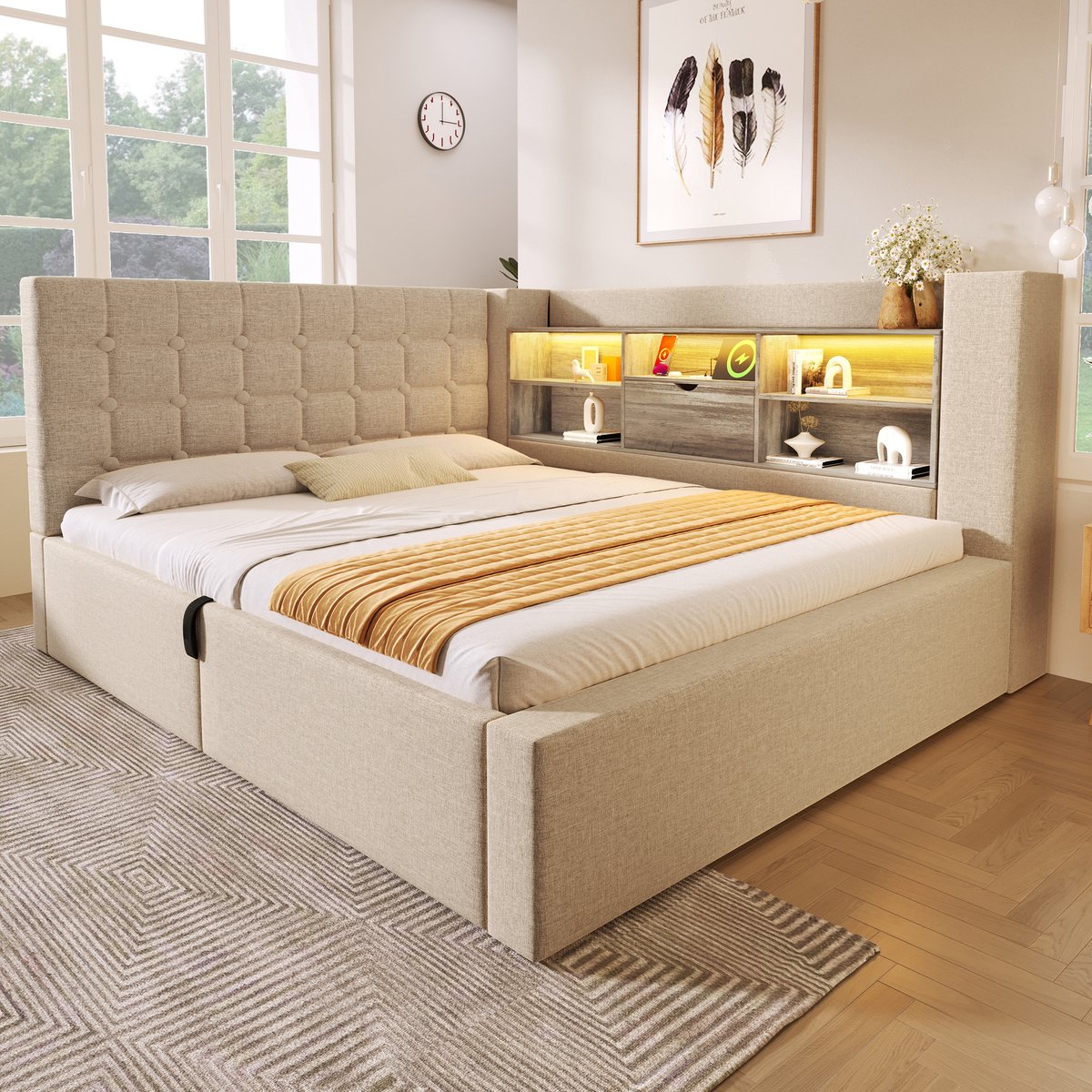 OKWISH Gestoffeerd Bed 140x200 cm - LED-Verlichting en USB-Oplaadpoorten - Hydraulisch Opbergsysteem - Linnen - Beige - Zonder matras