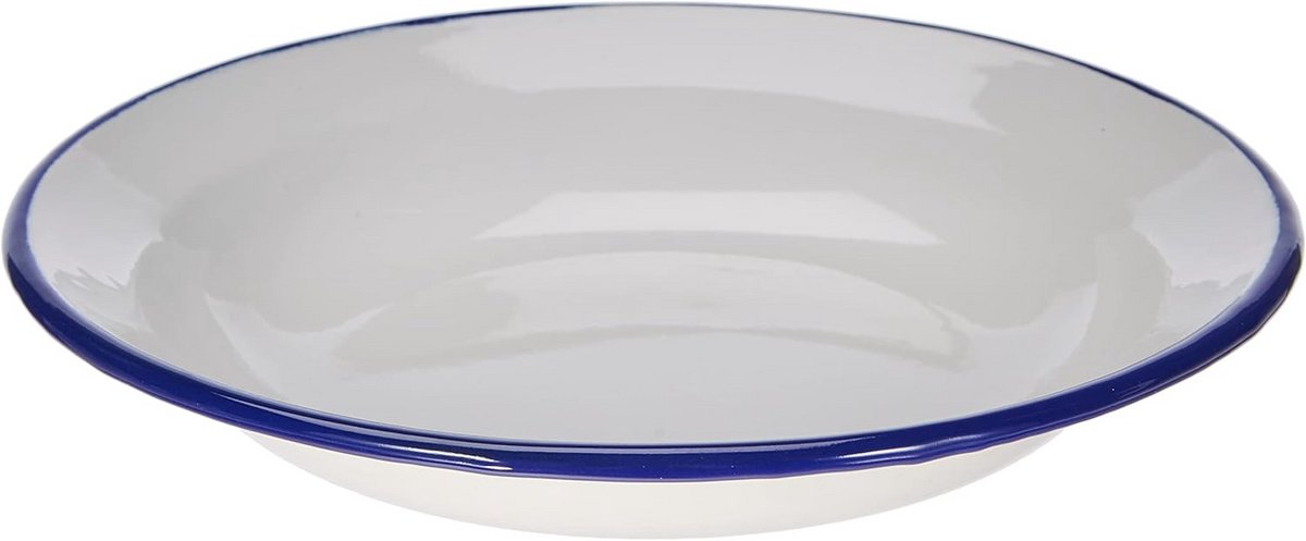 Enameled bord 24 cm diep wit met blauwe rand