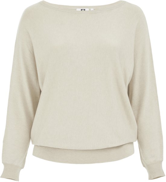 Pull beige clair avec encolure bateau et poignets aux manches et en bas.