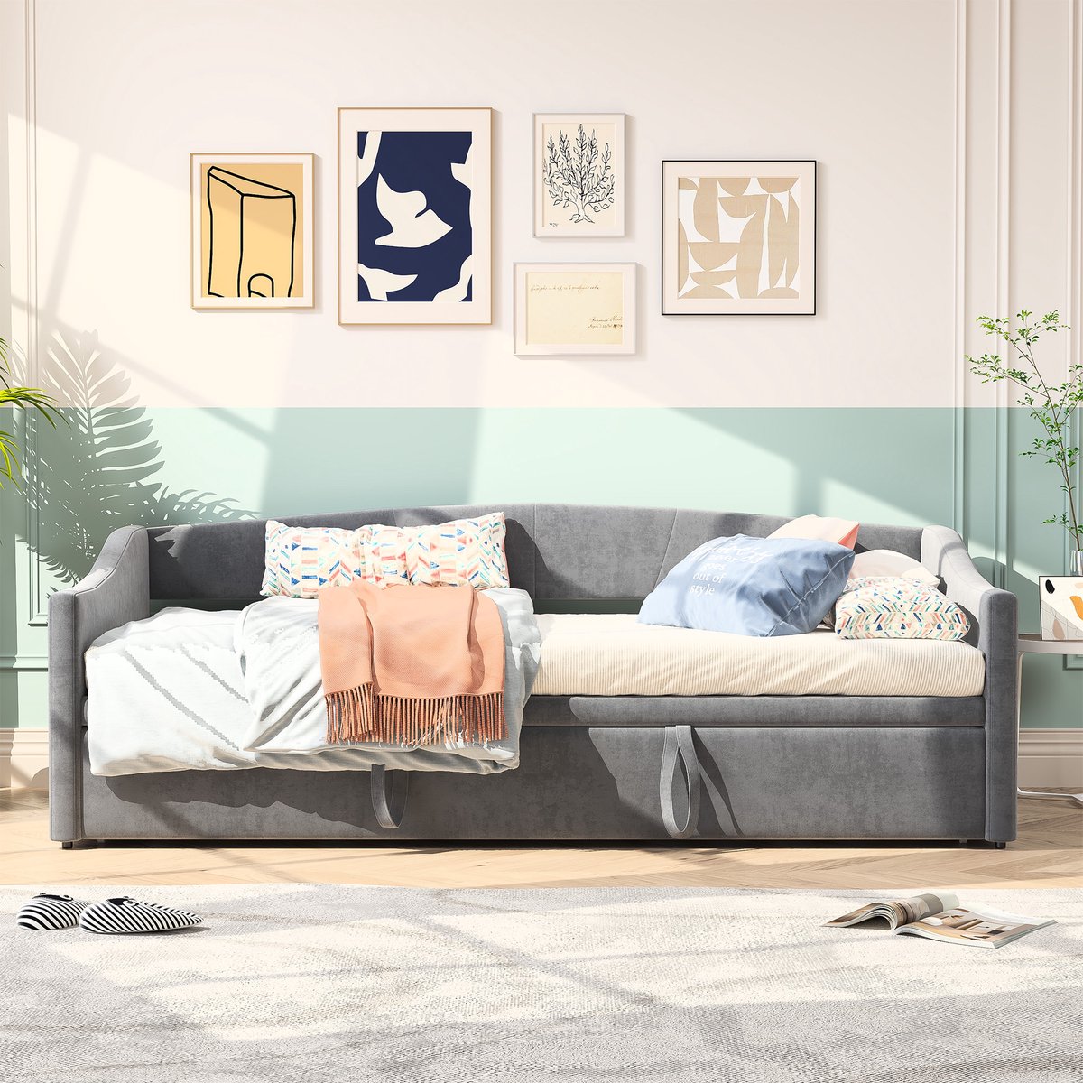 Multifunctionele Fluwelen Bedbank met Uitschuifbed – Comfortabele 3-in-1 Slaapoplossing