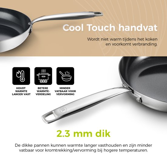 Een koekenpan met een cool touch handvat, 2,3 mm dik, houdt warmte langer vast en is beter bestand tegen vervorming.