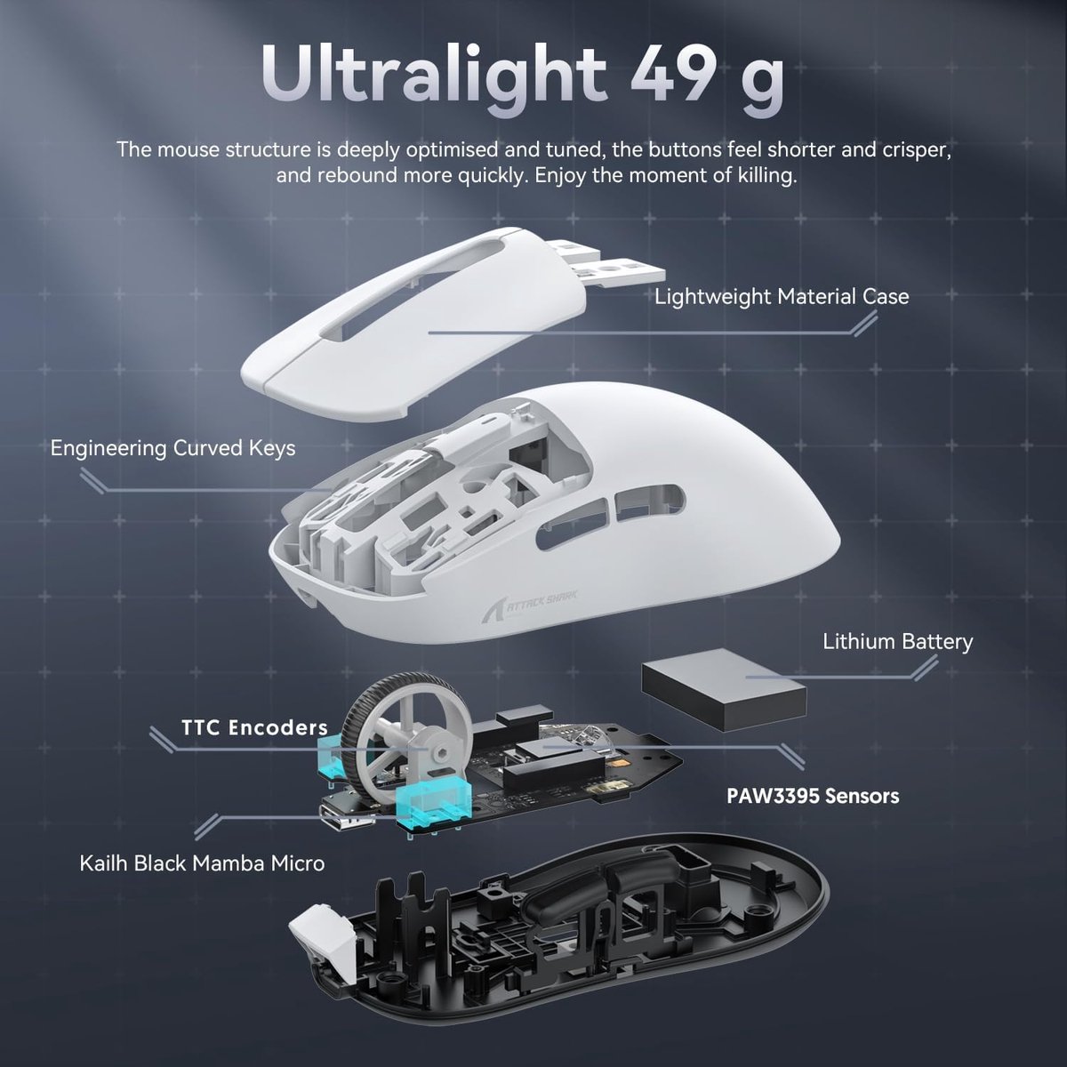 ATTACK SHARK X3 - Lichtgewicht Gaming Muis - 200u Accu - Wit thumbnail 3