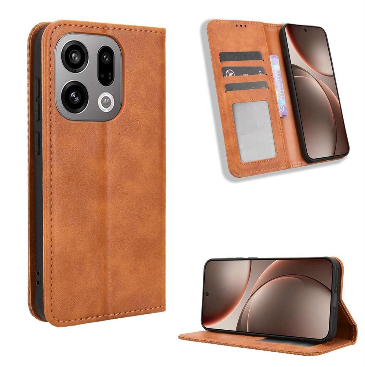 Mobigear Telefoonhoesje geschikt voor OPPO Find X9 Hoesje | Mobigear Sensation Bookcase Portemonnee | Pasjeshouder voor 3 Pasjes | Telefoonhoesje voor Pinpas / OV Kaart / Rijbewijs - Bruin