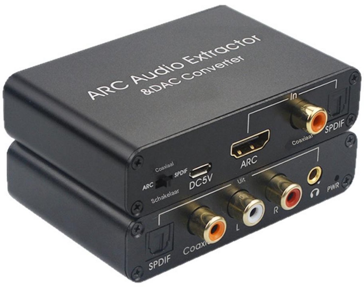 GELLDG HDMI ARC-adapter - 192 kHz DAC/analoogomzetter - HDMI ARC-audio-extractor - Coaxiaal/optisch naar SPDIF - Coaxiale/optische RCA L/R stereo-uitgang - 3,5 mm - Geschikt voor het aansluiten van versterkers, soundbars en home cinema-systemen