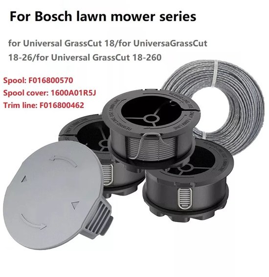 Set voor Bosch grasmaaiers: 3 zwarte spoelen met draad, 1 grijze kap en 1 rol draad.