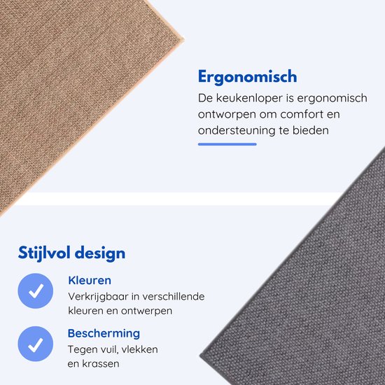 Close-up van grijze en beige keukenlopers. "Ergonomisch", "Stijlvol design", "Kleuren", "Bescherming".