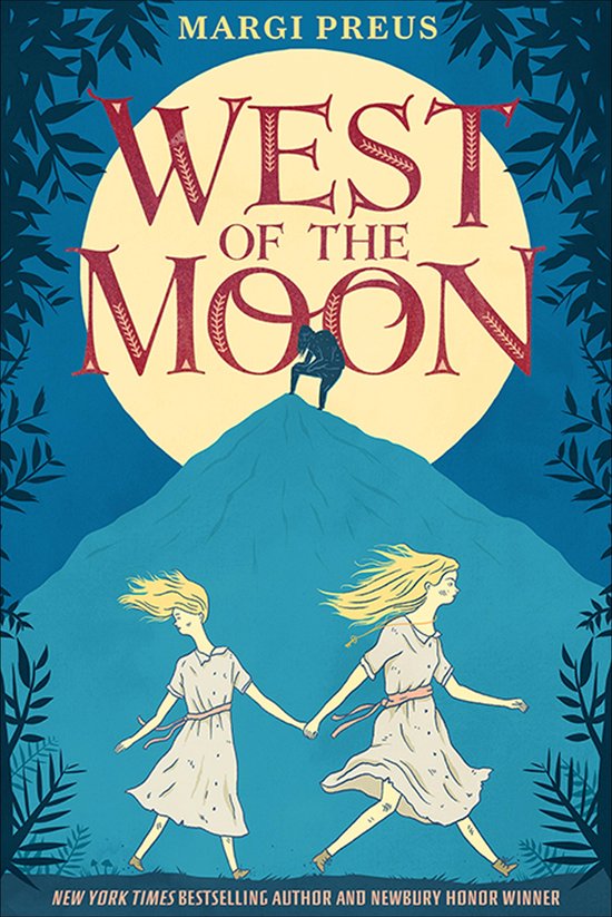 Boekomslag met de titel 'West of the Moon'. Twee meisjes met blond haar lopen hand in hand op de voorgrond. Op de achtergrond een grote maan en een persoon op een heuvel.