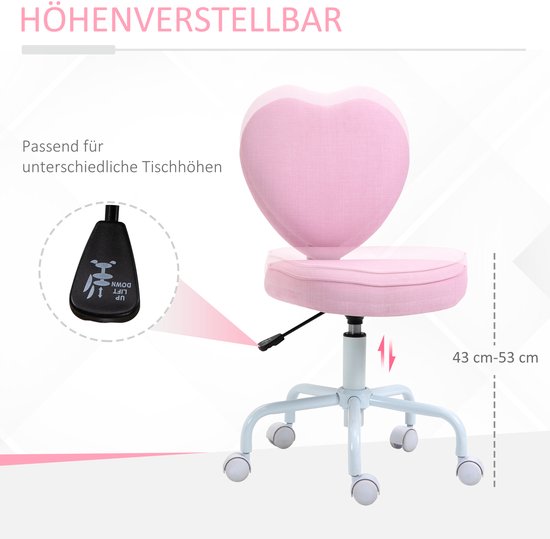 Roze hartvormige bureaustoel, hoogte verstelbaar van 43-53 cm, met hendel.