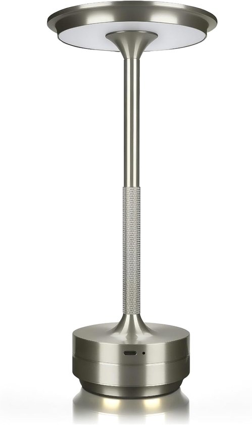 KZQ Oplaadbare LED Tafellamp, USB-C, 1800 mAh Dimbare Waterproof Draadloze Sfeerlamp met Touch Bediening, oplaadbare ronde metalen lamp met aanraakbediening, Woonkamer, Restaurant en Bar, zilver
