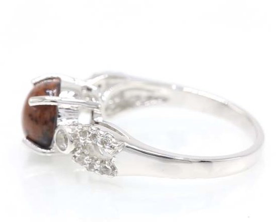 Cavill Bague Argentée Acajou Obsidienne 1,4 ct avec Topaze Blanche 925 Argent Sterling Élégante Pierres Précieuses Naturelles Cabochon Bague