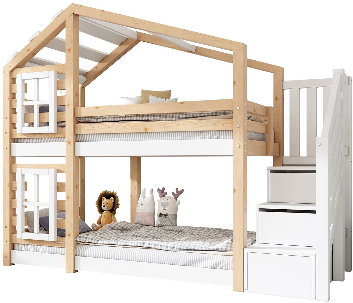 Merax Stapelbed Voor Kinderen 90x200 - Naturel En Wit - Bed In Huisvorm Met Raamdetails - Opbergtrap Met Kastvakken - Uitvalbeveiliging Rondom - 2x Houten Lattenbodem - Zonder Matras - EN 747-1:2024