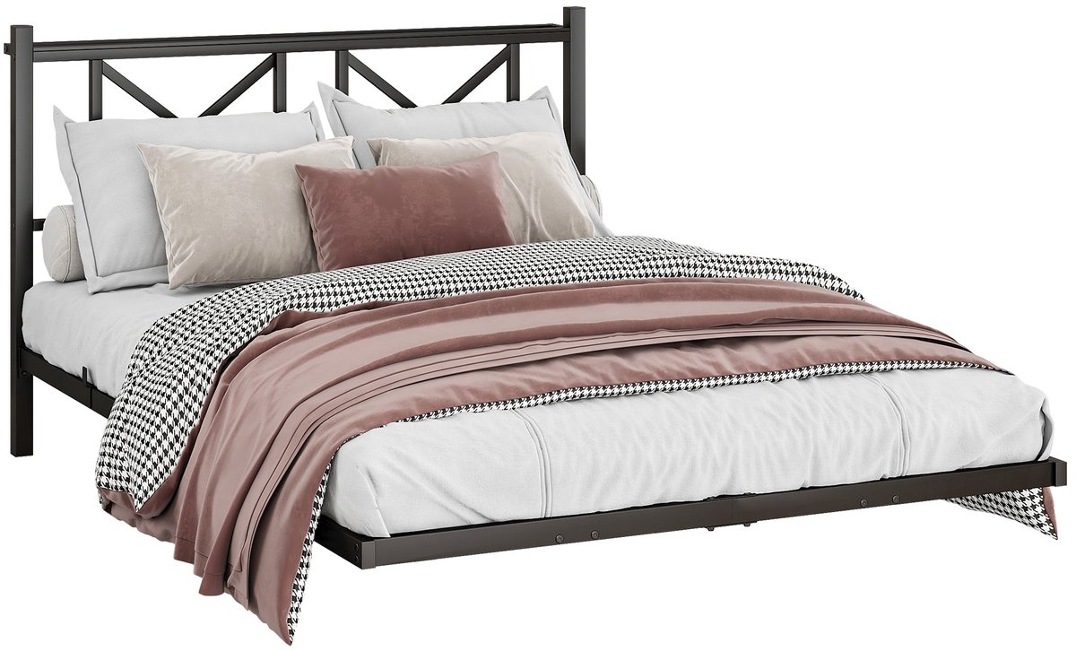 Merax Metalen Bedframe 140x200 - Tweepersoonsbed - Zwevende Uitstraling - LED Verlichting Onder Bed - Hoofdbord Met Opbergplank - USB Opladen - Stopcontact - Zonder Boxspring - Zwart