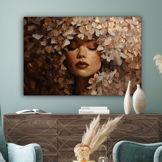 Tableau sur toile 120x80 cm - Décoration murale exclusive Visage - Femme - Feuilles - Coups de pinceau - Décoration murale salon - Décoration chambre à coucher - Accessoires de chambre - Tableaux sur toile