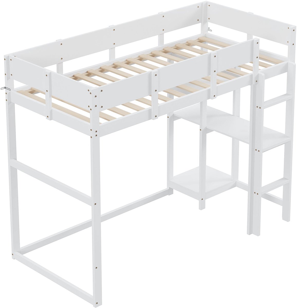 Merax Hoogslaper 90x200 cm - Wit - Massief hout - Houten lattenbodem - Met opbergplank - Veiligheidshekken rondom - Kinderbed en tienerbed - Zonder matras
