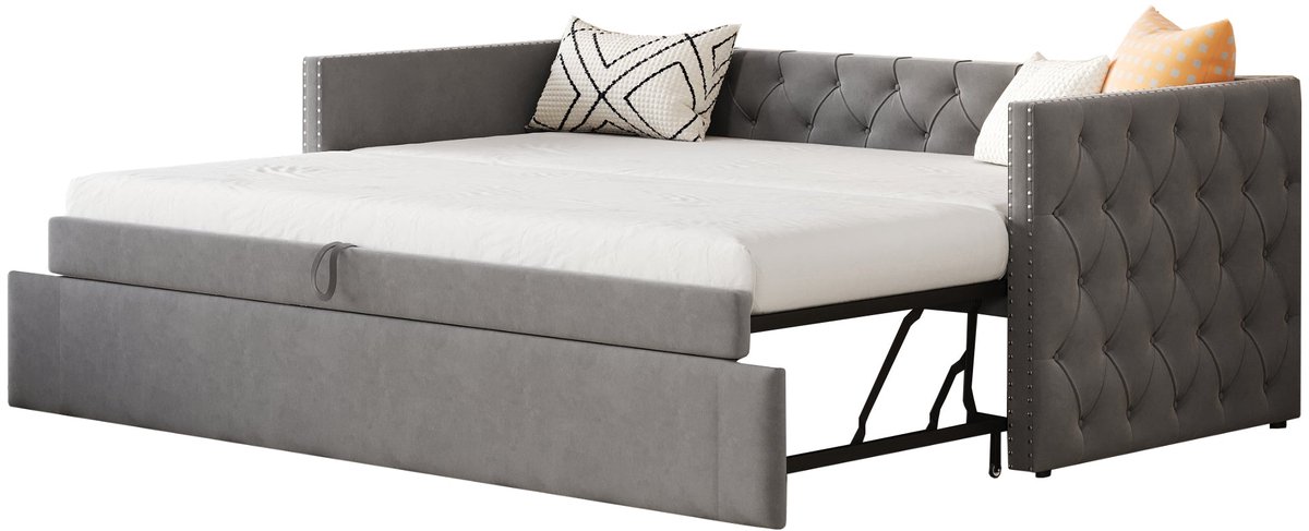 Merax Slaapbank 90x200 - Gestoffeerd Bed met Uitschuifbaar Logeerbed - Fluwelen Stof - Houten Lattenbodem - Grijs