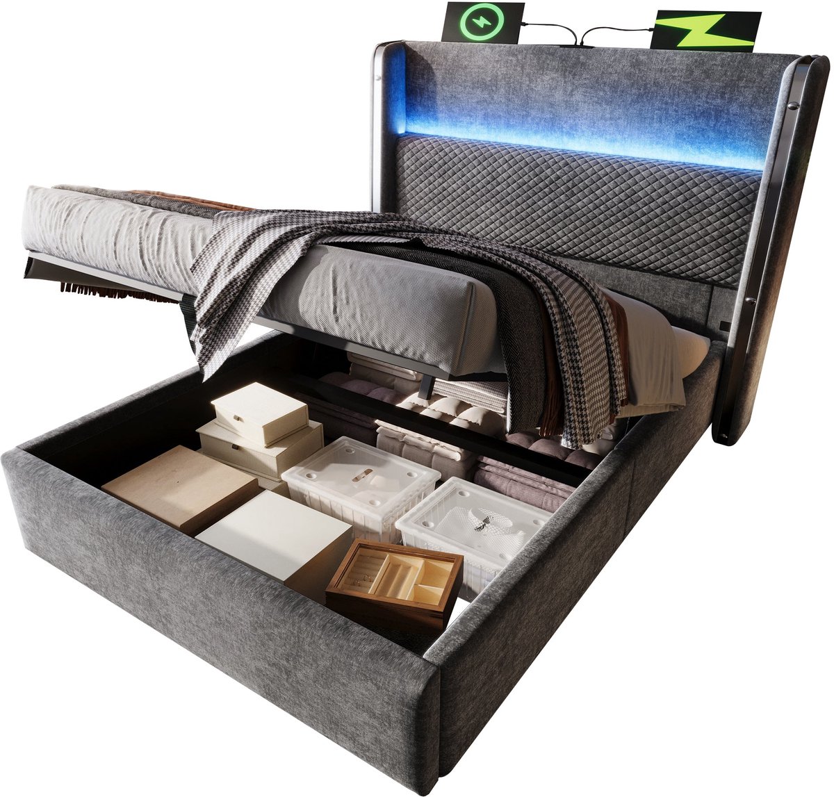 Merax Gestoffeerd Bed 90x200 - Grijs - Hydraulische Opbergruimte - LED Verlichting Met Afstandsbediening - USB En Type-C - Inclusief Houten Lattenbodem