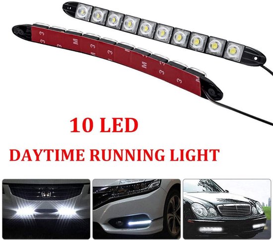 Twee zwarte strips met elk 10 LED-lampjes en rode zelfklevende achterkant. Met tekst: 10 LED DAYTIME RUNNING LIGHT.