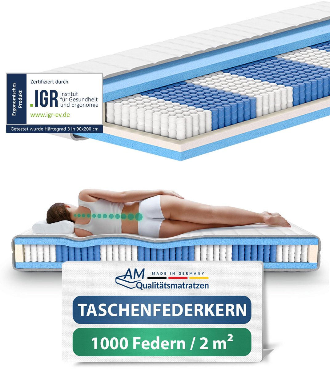 AM Qualitätsmatratzen - 1000 veren 7-zone pocketveringmatras 160x220 cm (H3) - Ergonomisch matras 160 x 220 met 1.000 veren - 24 cm Premium hoogte - Afneembare TENCEL Lyocell tijk - Made in Germany