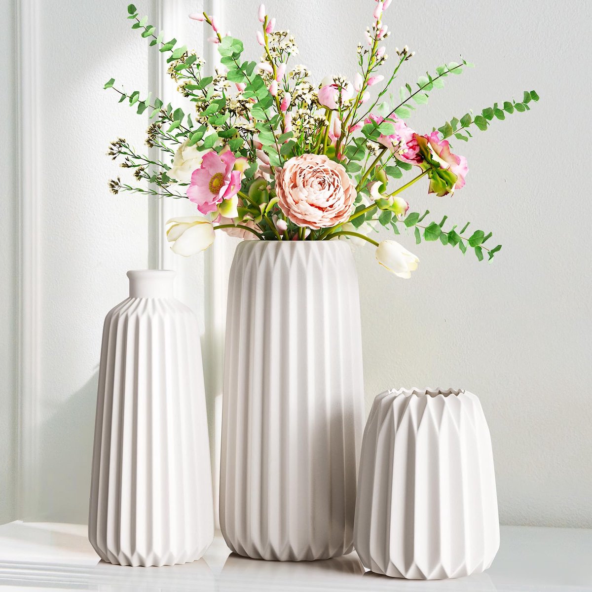 Unyqoos Set van drie keramische vazen voor moderne en boho interieurdecoratie wit