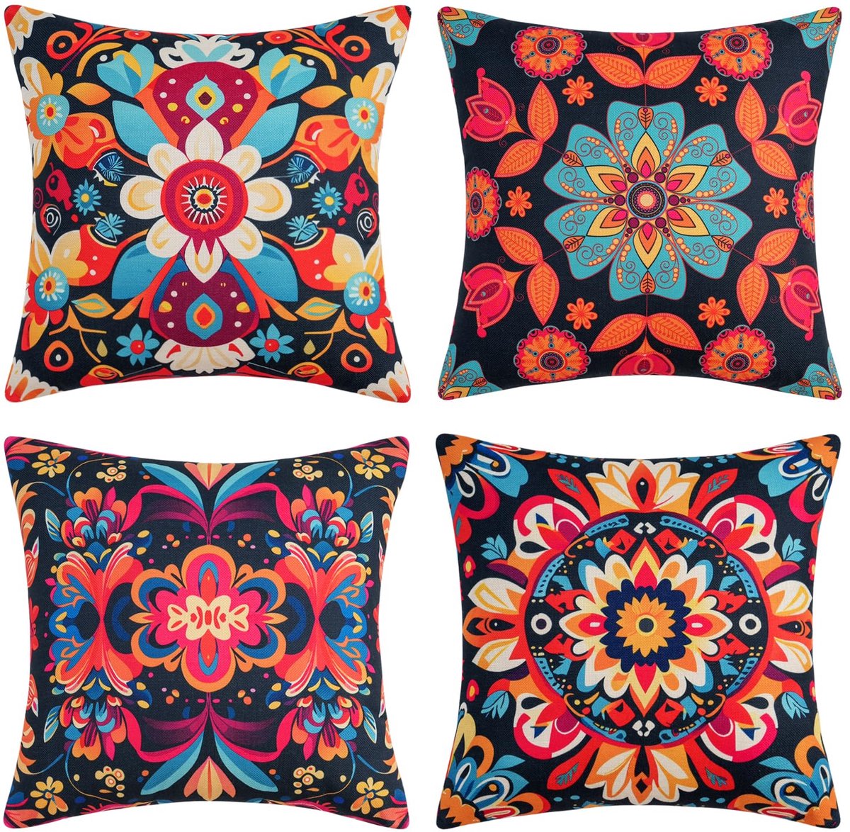 Unyqoos Bohemian Kussenslopen Set van 4 met Mandala en Bloemenpatroon Kleurjik