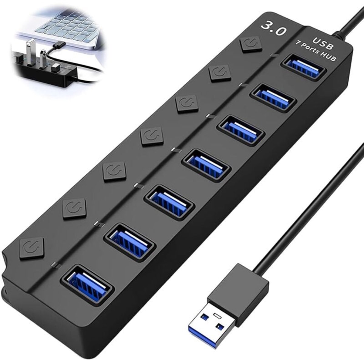 Ynkkvre - USB-hub - USB 3.0 multipoort hub - 7 poorten met onafhankelijke schakelaars en gegevensoverdracht - kunststof - hoge snelheid en stabiele verbinding - geschikt voor pc, laptop,en Surface Pro