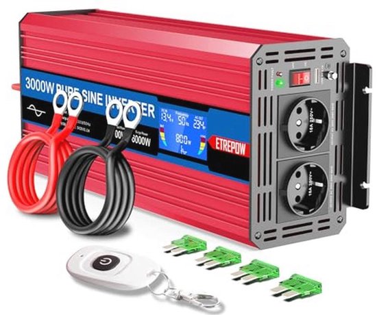 Omvormer 12V naar 230V Zuivere Sinus 3000W met 2 EU Stopcontacten en USB-interface