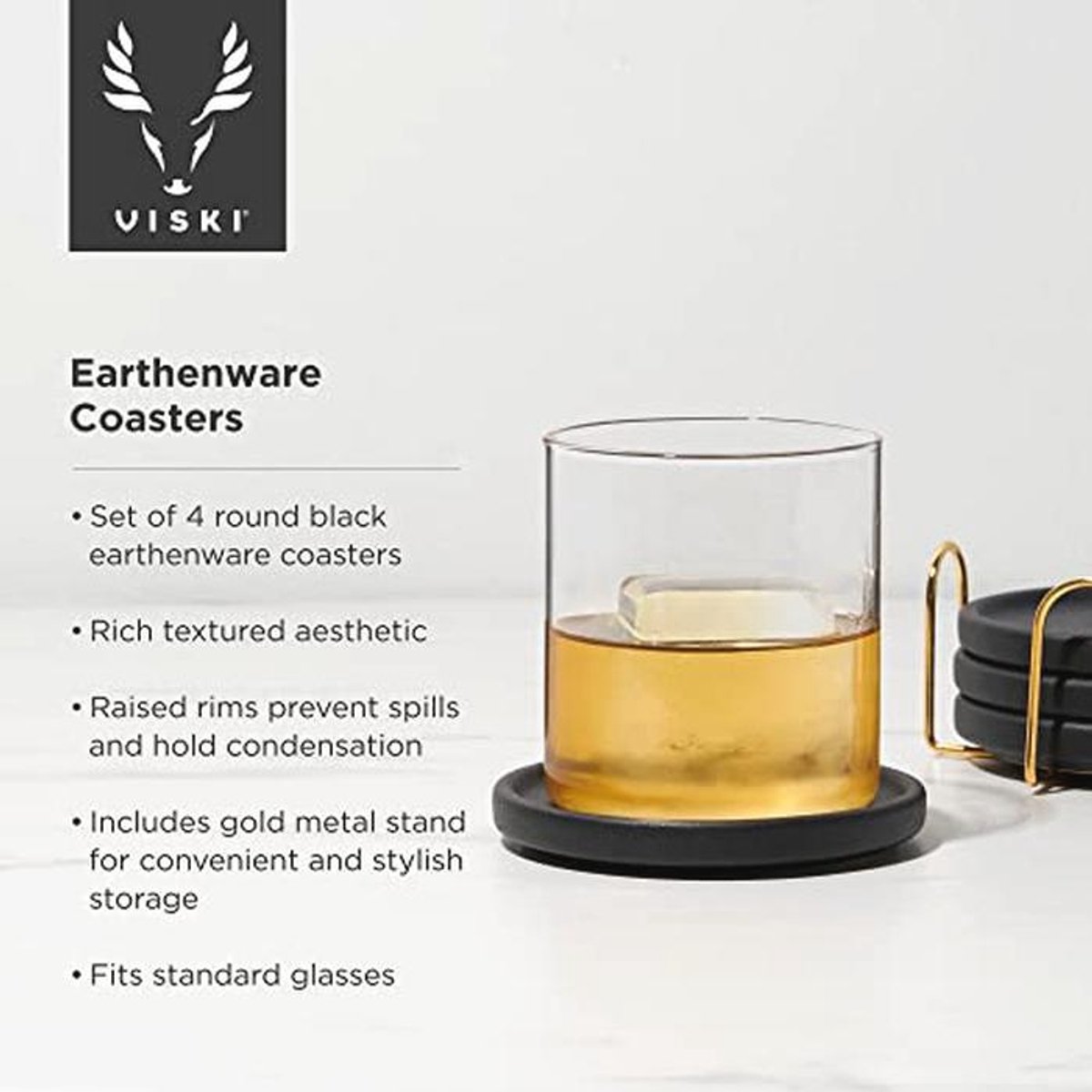 Moderne Keramische Zwarte Onderzetters met Gouden Stand - Set van 4
