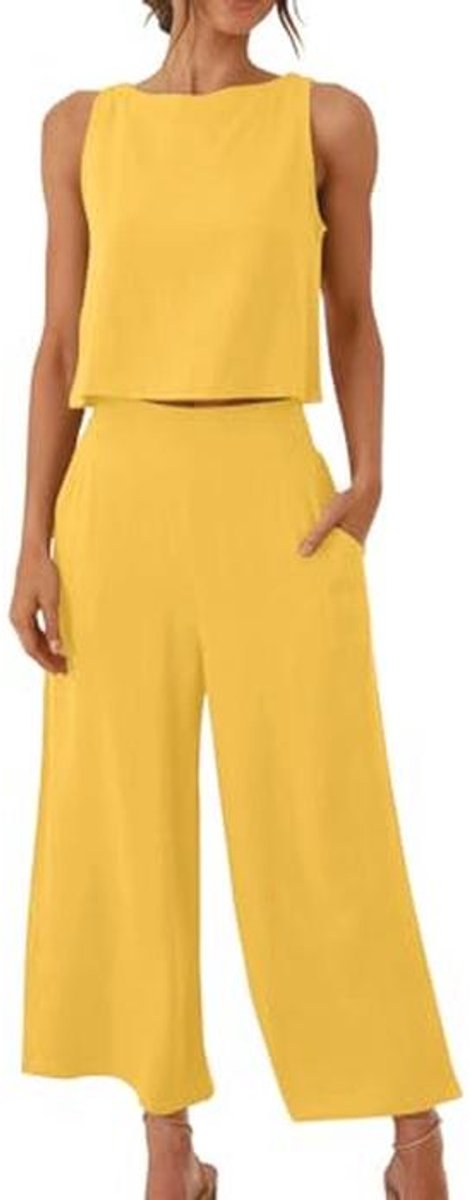 Mouwloze croptop met wijde broek, 2-delige dames set voor een casual zomerse look