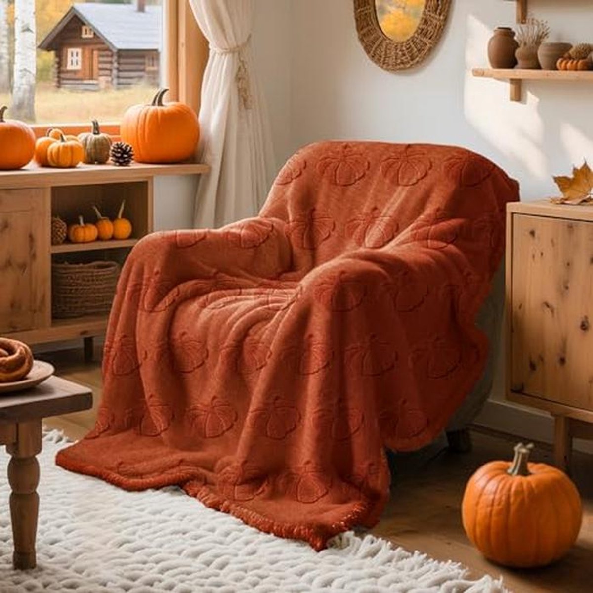 Rustieke herfstdeken 130 x 150 cm - Zachte pompoenbontdeken voor woonkamer en slaapkamer