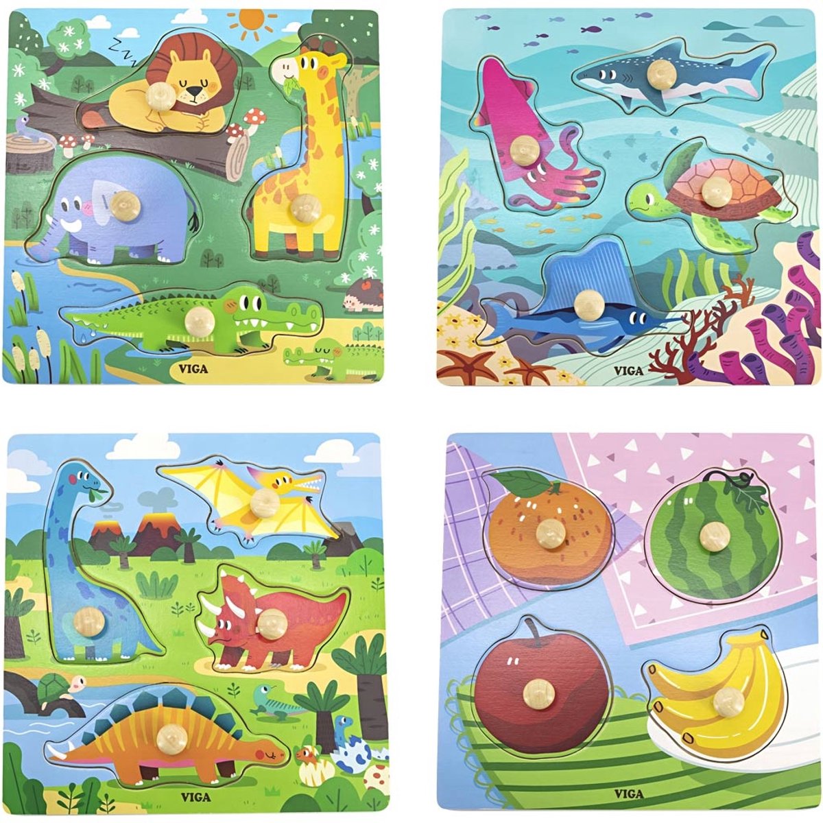 VIGA Puzzel met Knoppen - 4 Stukjes, Houten Puzzel voor Kinderen - Hand-Oogcoördinatie en Motorische Vaardigheden - Geschikt voor Kinderen vanaf 2 Jaar - Afm. 26mm Hoog, 22 cm Lengte