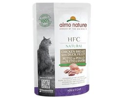 Almo Nature HFC Natural - Gourmet Natvoer voor Volwassen Katten - Kippenborst met Eendenfilet - Human Grade, Glutenvrij - 55g, Pak van 24