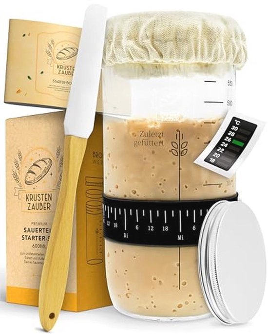 5 STKS Zuurdesem Starter Jar Kit 1000 ml Glazen Fermentatie Potten Zuurdesem Starter Container met Aluminium Deksel Spatel Thermometer Voeding Band Doek Cover Herbruikbare Brede Mond Zuurdesem Pot