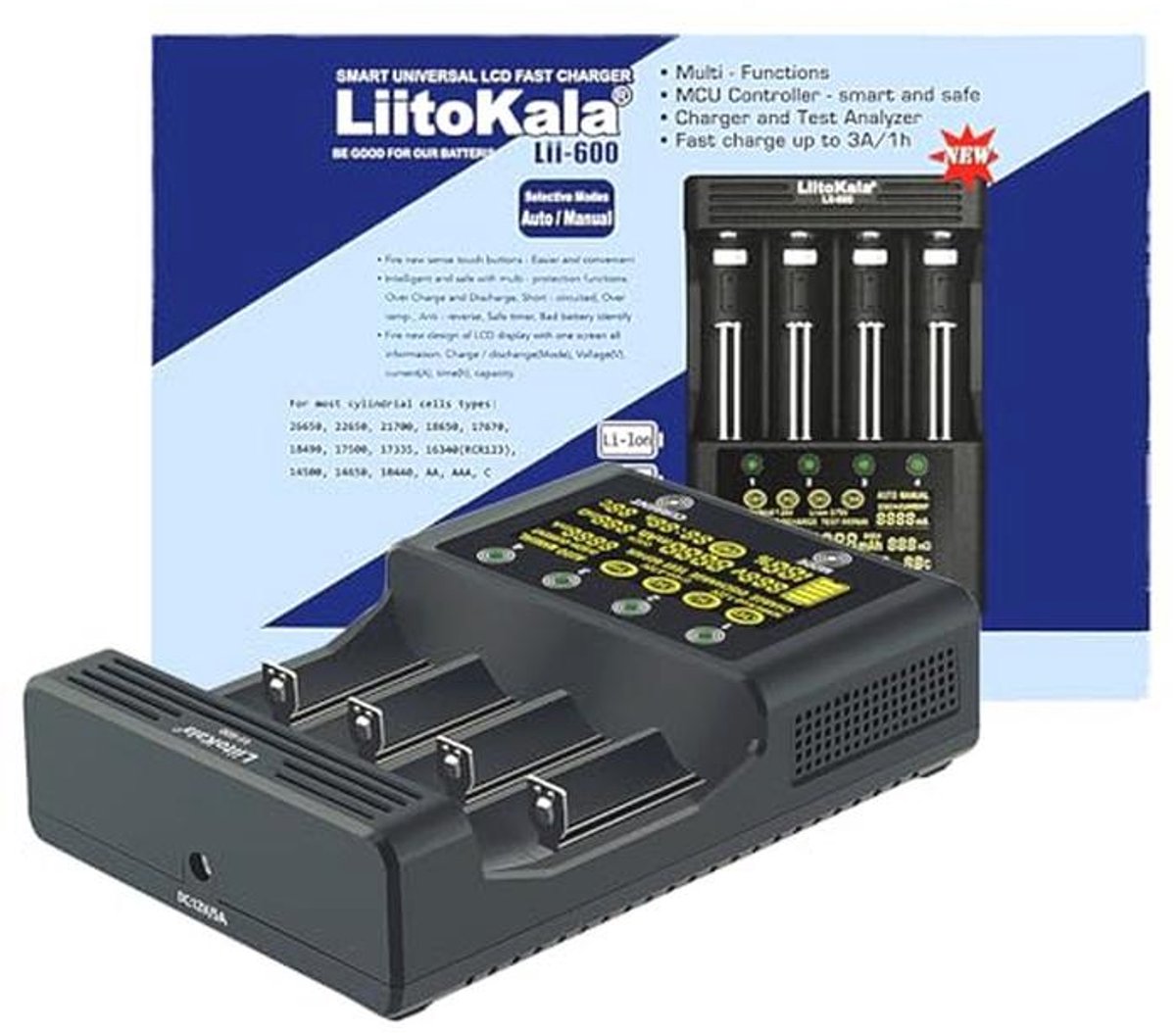 Snellader met LCD-display voor 18650 en andere accu's - 4 sleuven, 12V