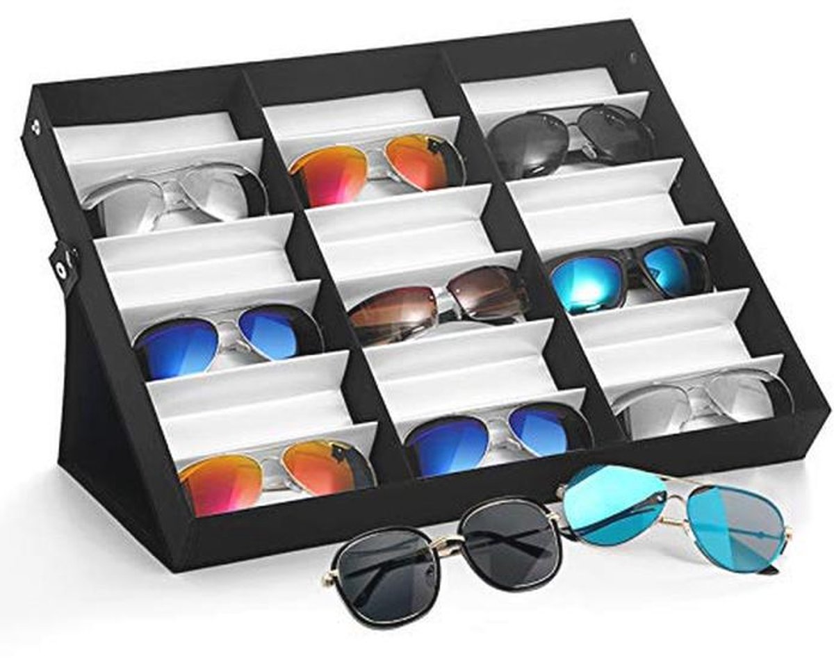 Multifunctionele glazen opbergdoos voor brillen, sieraden en horloges - 18 roosters, draagbare organizer 47,5 x 37,5 x 6 cm