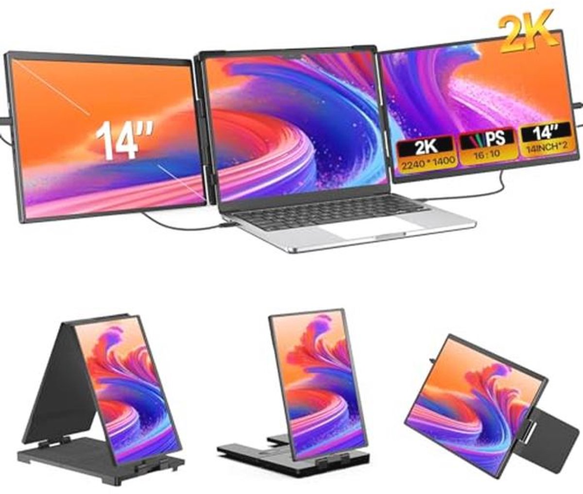 Draagbare Monitor 14 inch - 2K Scherm Voor Laptop met Dual Triple Screen Extender