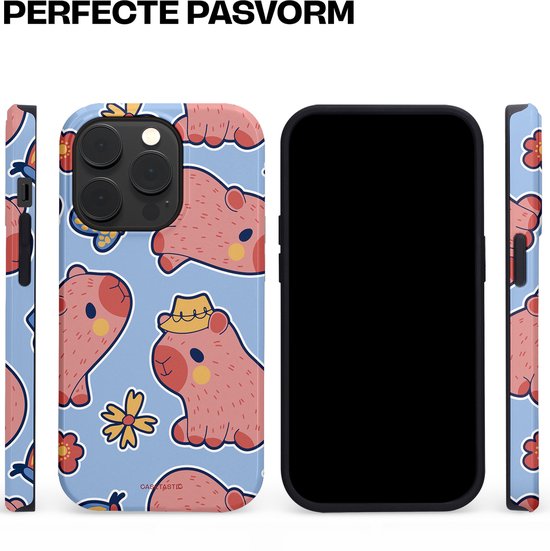 Telefoonhoesje met capibara's in cowboyhoeden op lichtblauwe achtergrond met bloemen en vlinders.