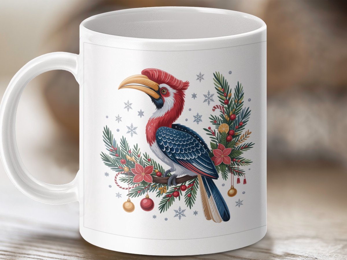 Mok Neushoornvogel Kerst mok, feestelijke vogel, kerst decoratie mok, winter vogel, koffie mok, cadeau idee, theemok